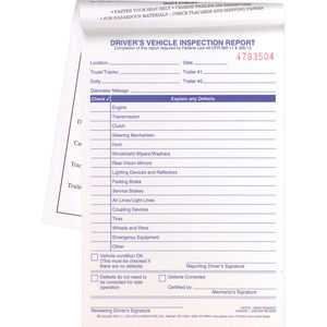 3-ply Carbonless Book Format Simplified Driver's Vehicle Inspection 