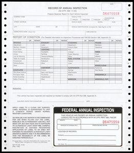 2-Ply Carbonless Continuous Format Record of Annual Inspection w/ Decal ...